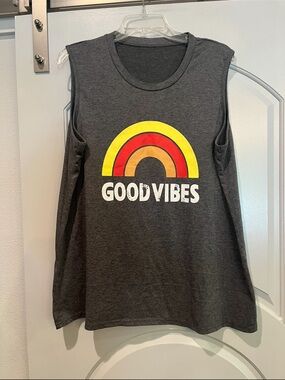 Charcoal Good Vibes Rainbow Graphic Muscle Tank. GUC!